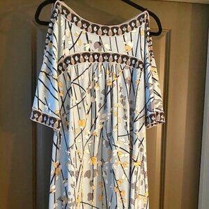 BCBG Dress with Button Shoulders, blue white with tan deails